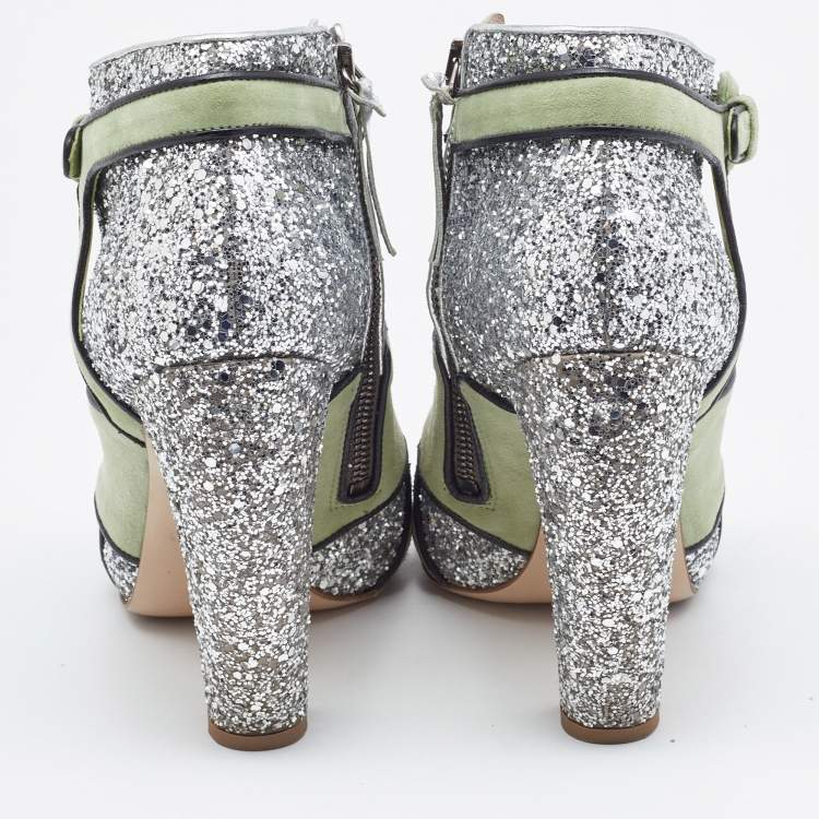 Pre Owned Miu Miu Green/Silver Glitter and Suede Peep-Toe Ankle Boots Size 39