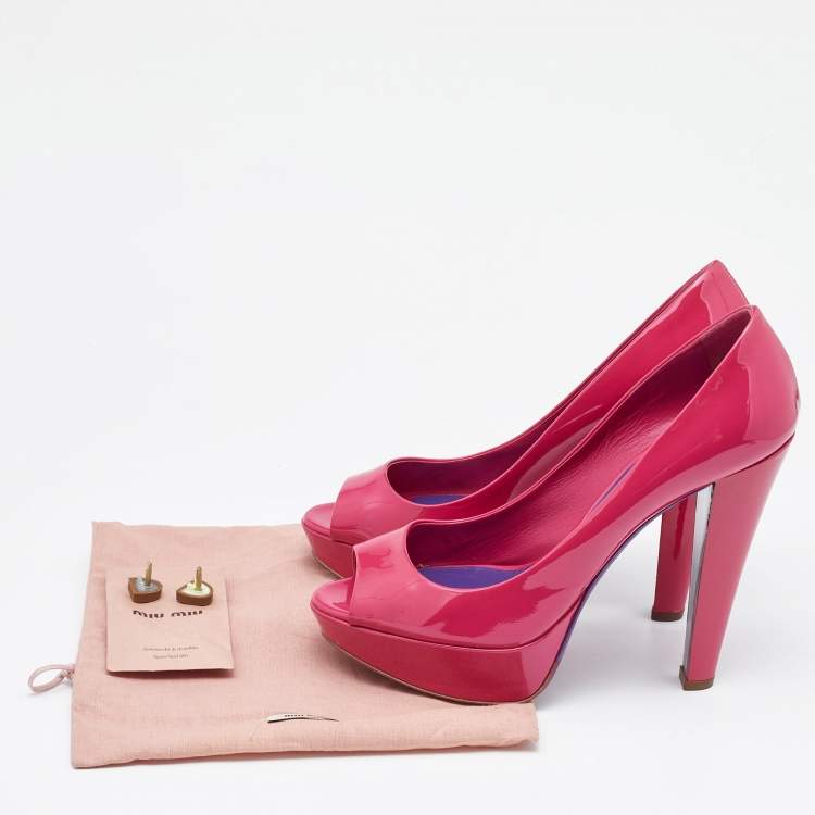 Pre Owned Miu Miu Pink Patent Leather Peep Toe Platform Pumps Size 39.5