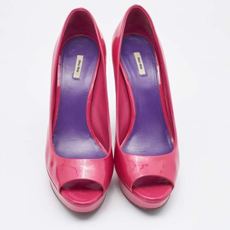 Pre Owned Miu Miu Pink Patent Leather Peep Toe Platform Pumps Size 39.5