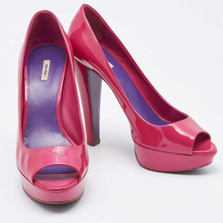 Pre Owned Miu Miu Pink Patent Leather Peep Toe Platform Pumps Size 39.5