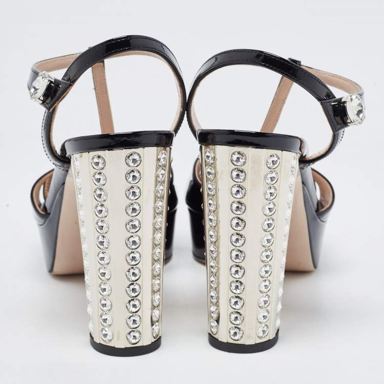 Pre Owned Miu Miu Black Patent Leather Crystal Embellished Ankle Strap Sandals Size 38