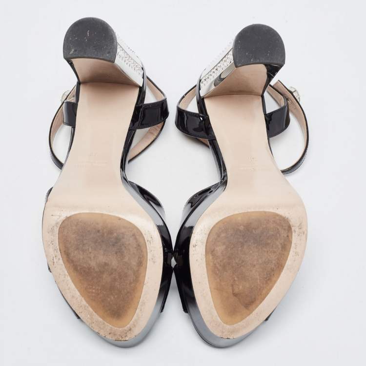 Pre Owned Miu Miu Black Patent Leather Crystal Embellished Ankle Strap Sandals Size 38