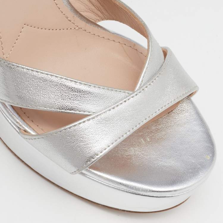 Pre Owned Miu Miu Silver Leather Crystal Embellished Ankle Strap Platform Sandals Size 36
