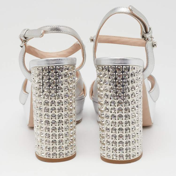 Pre Owned Miu Miu Silver Leather Crystal Embellished Ankle Strap Platform Sandals Size 36