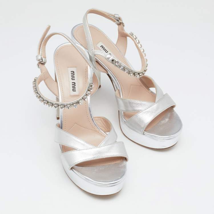 Pre Owned Miu Miu Silver Leather Crystal Embellished Ankle Strap Platform Sandals Size 36