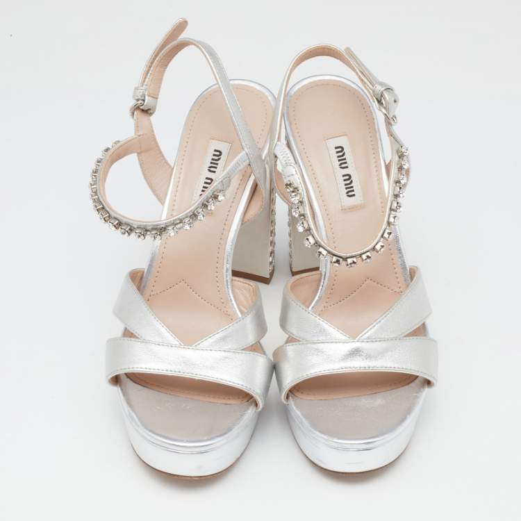 Pre Owned Miu Miu Silver Leather Crystal Embellished Ankle Strap Platform Sandals Size 36