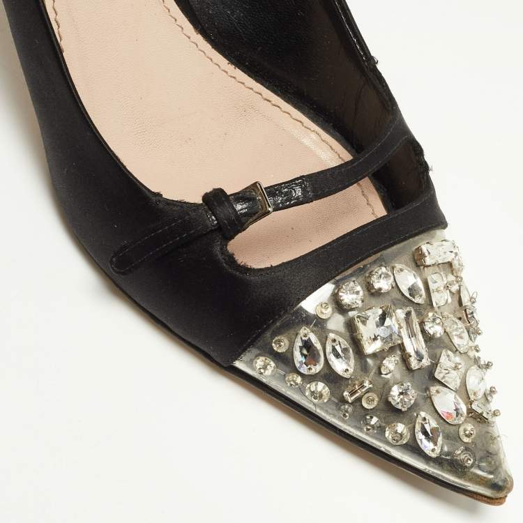 Pre Owned Miu Miu Black Satin and Crystal Embellished PVC Pointed Toe Pumps Size 38