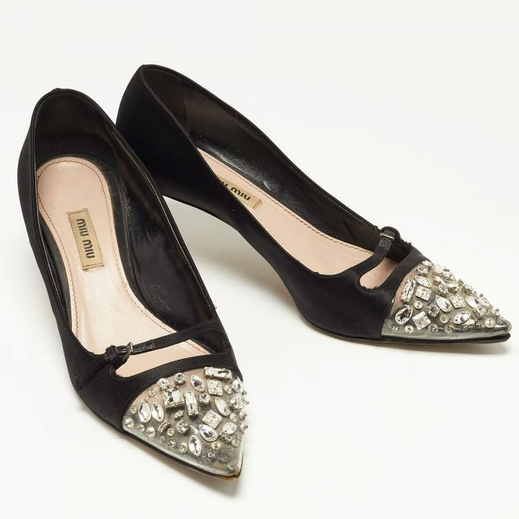 Pre Owned Miu Miu Black Satin and Crystal Embellished PVC Pointed Toe Pumps Size 38
