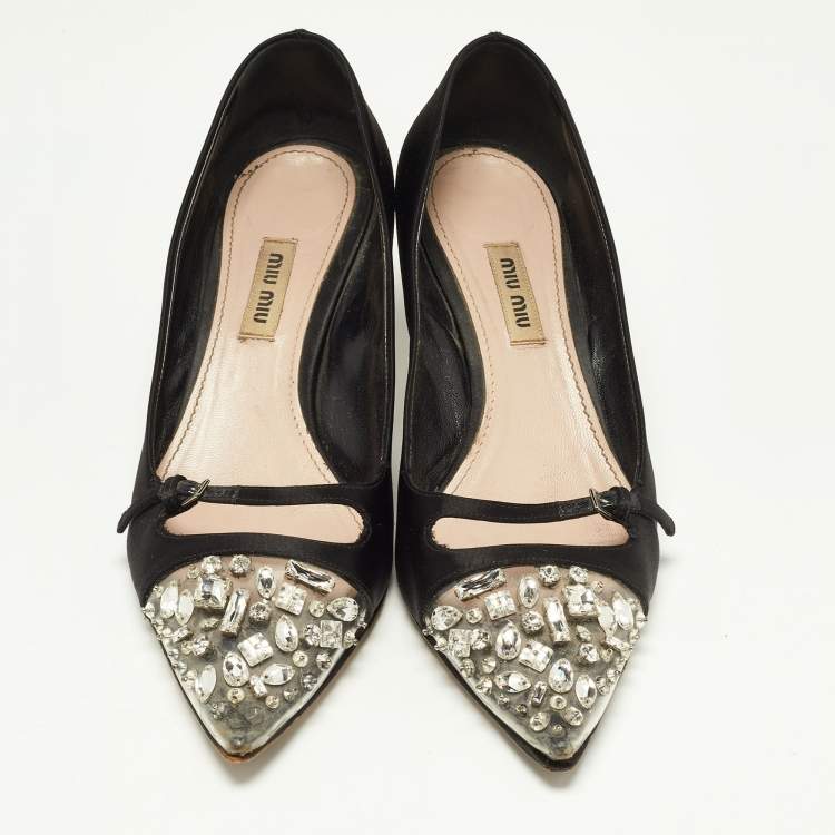 Pre Owned Miu Miu Black Satin and Crystal Embellished PVC Pointed Toe Pumps Size 38