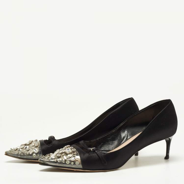 Pre Owned Miu Miu Black Satin and Crystal Embellished PVC Pointed Toe Pumps Size 38