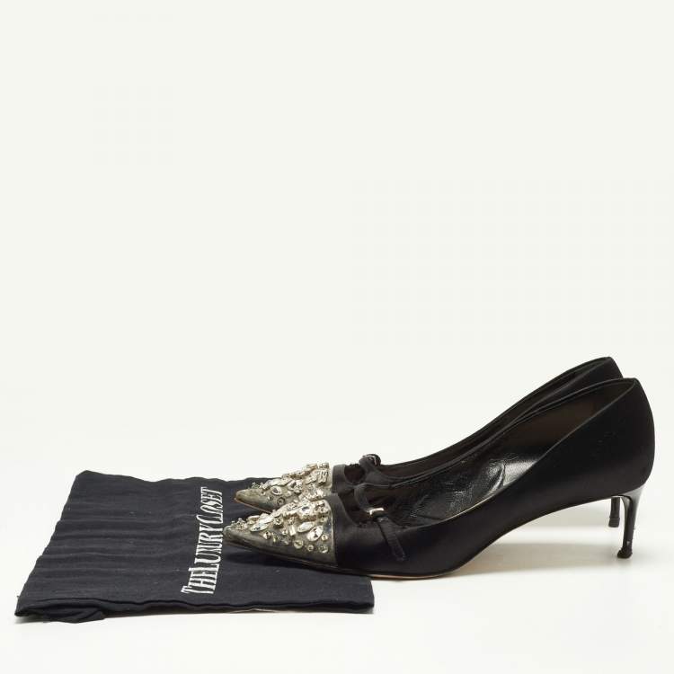 Pre Owned Miu Miu Black Satin and Crystal Embellished PVC Pointed Toe Pumps Size 38