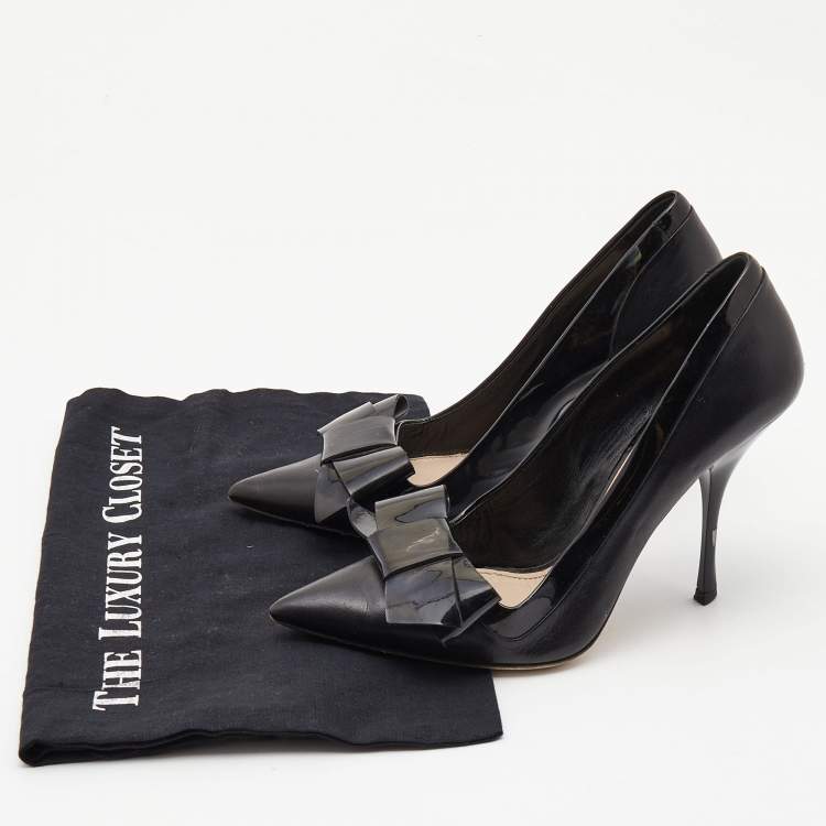 Pre Owned Miu Miu Black Patent and Leather Bow Pointed Toe Pumps Size 37