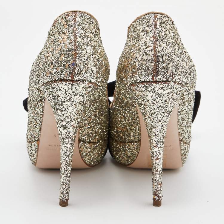 Pre Owned Miu Miu Gold Glitter Velvet Bow Peep Toe Platform Pumps Size 38.5