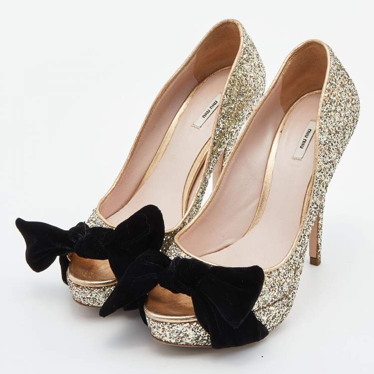 Lanvin Satin Glitter Bow Heels with Box, Size 39