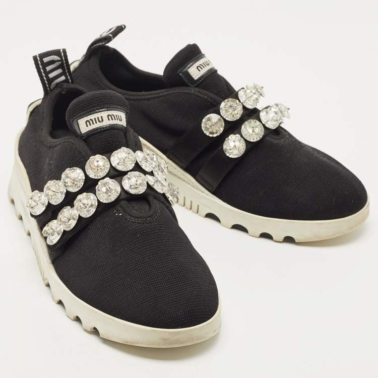 Pre Owned Miu Miu Black Knit Fabric Crystal Embellished Slip On Sneakers Size 38