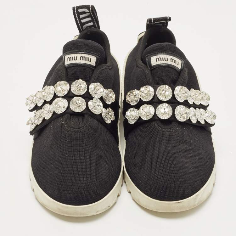 Pre Owned Miu Miu Black Knit Fabric Crystal Embellished Slip On Sneakers Size 38