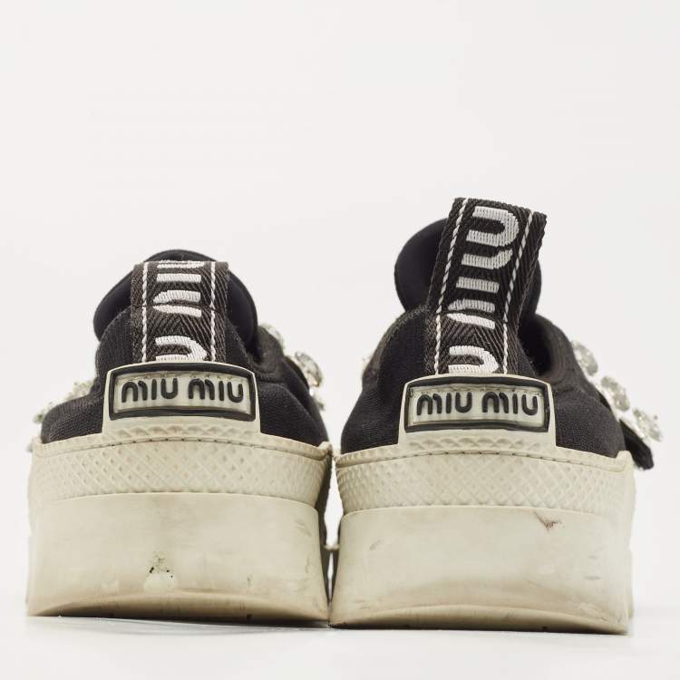 Pre Owned Miu Miu Black Knit Fabric Crystal Embellished Slip On Sneakers Size 38