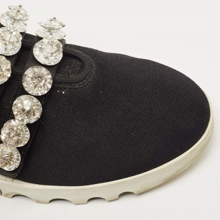 Pre Owned Miu Miu Black Knit Fabric Crystal Embellished Slip On Sneakers Size 38