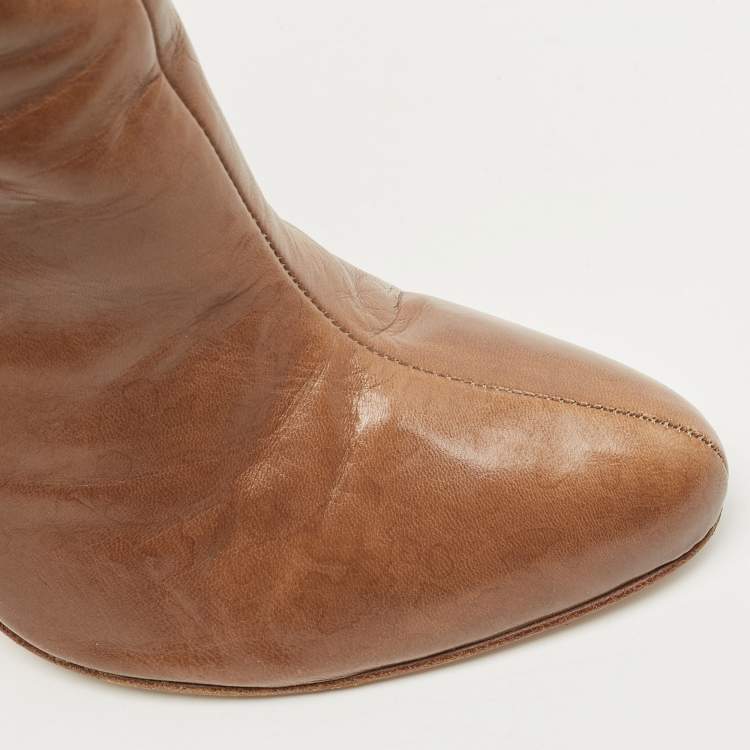 Pre Owned Miu Miu Brown Leather Buckle Detail Ankle Booties Size 39.5