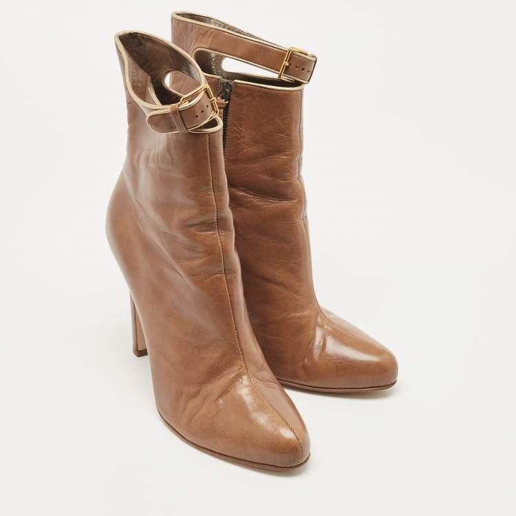 Pre Owned Miu Miu Brown Leather Buckle Detail Ankle Booties Size 39.5