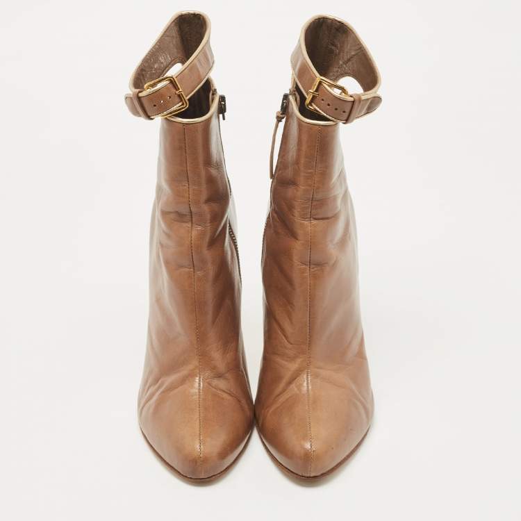 Pre Owned Miu Miu Brown Leather Buckle Detail Ankle Booties Size 39.5
