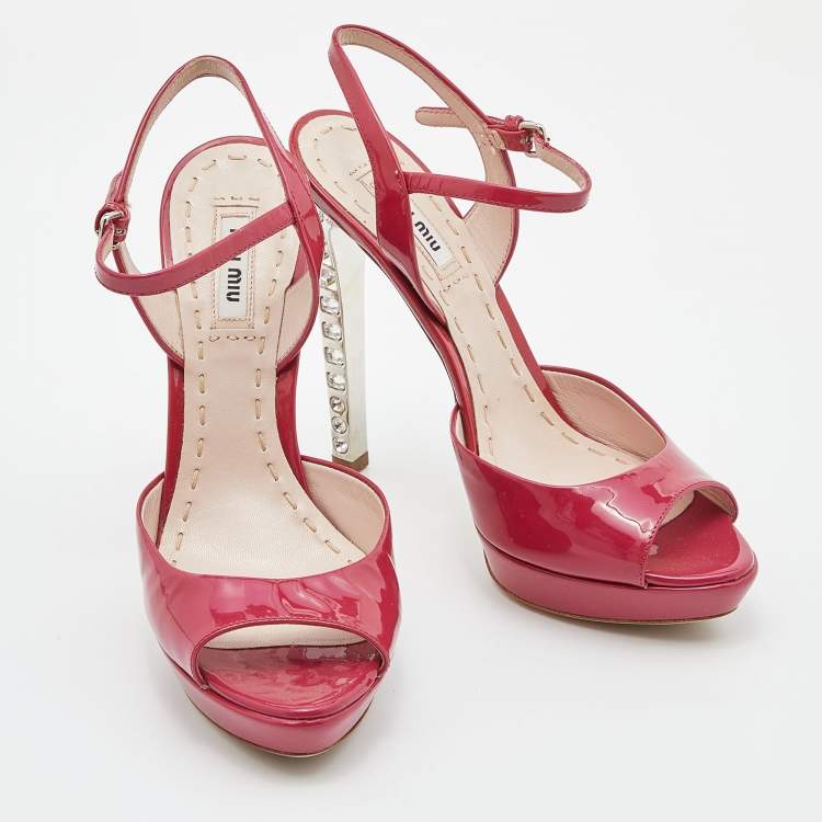 Pre Owned Miu Miu Pink Patent Leather Crystal Embellished Heel Platform Sandals Size 37.5