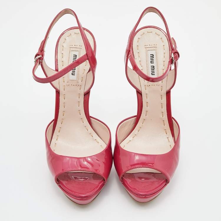 Pre Owned Miu Miu Pink Patent Leather Crystal Embellished Heel Platform Sandals Size 37.5