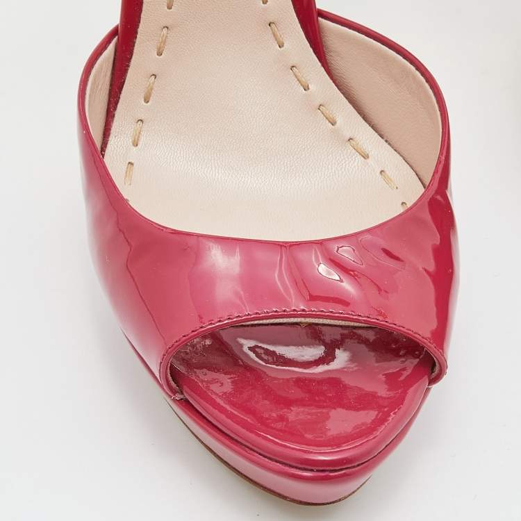Pre Owned Miu Miu Pink Patent Leather Crystal Embellished Heel Platform Sandals Size 37.5