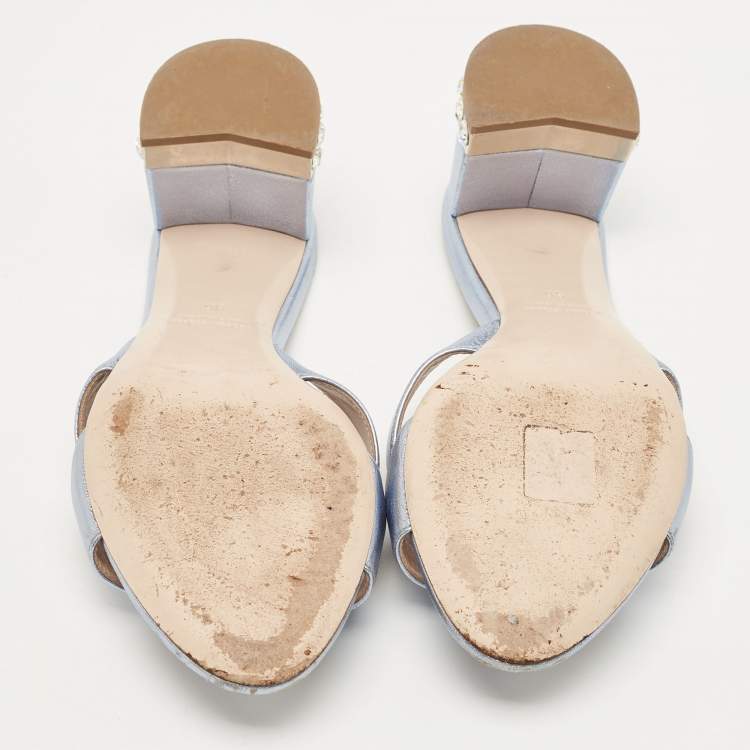 Pre Owned Miu Miu Metallic Blue Leather Crystal Embellished Slide Sandals Size 36