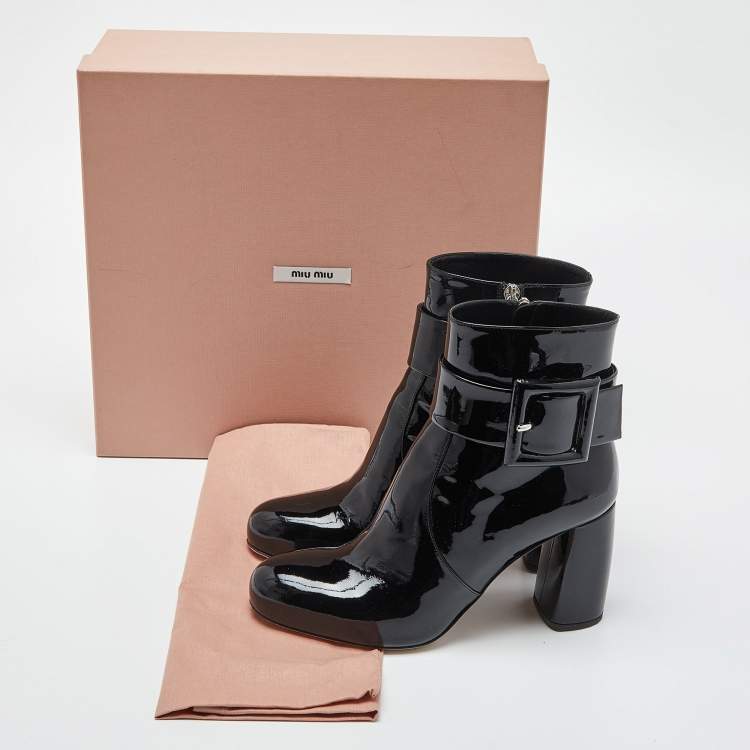 Pre Owned Miu Miu Black Patent Leather Ankle Boots Size 38.5