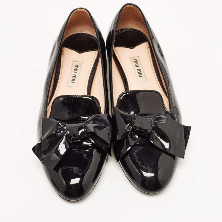 Pre Owned Miu Miu Black Patent Leather Bow Loafers Size 37