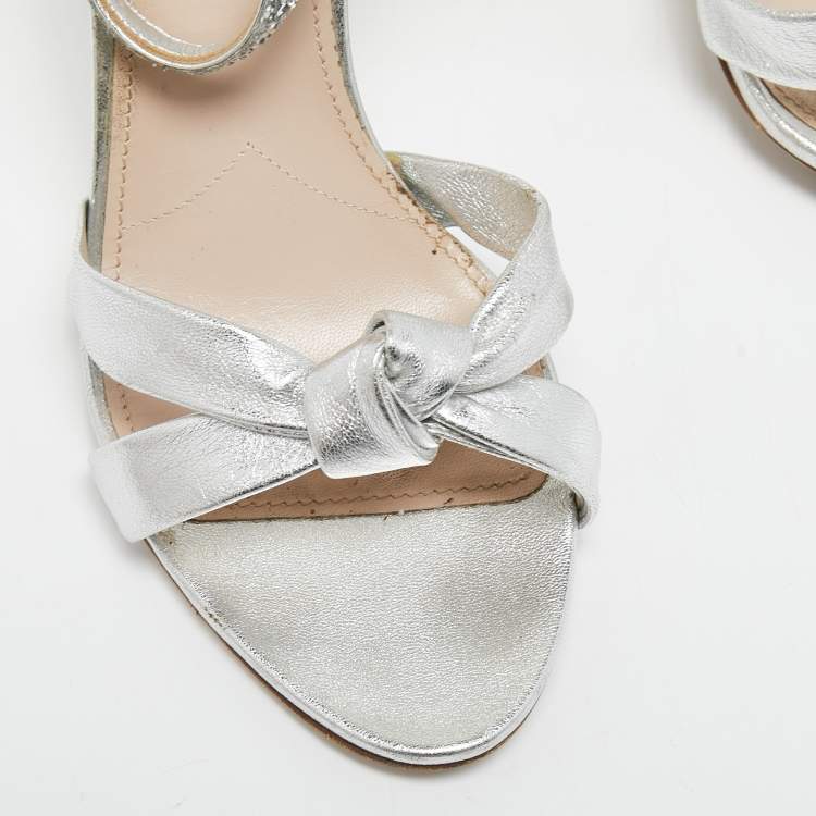 Pre Owned Miu Miu Metallic Silver Leather Crystal and Pearl Embellished Ankle Strap Platform Sandals Size Size 39