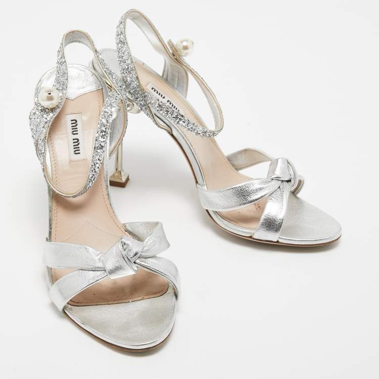 Pre Owned Miu Miu Metallic Silver Leather Crystal and Pearl Embellished Ankle Strap Platform Sandals Size Size 39