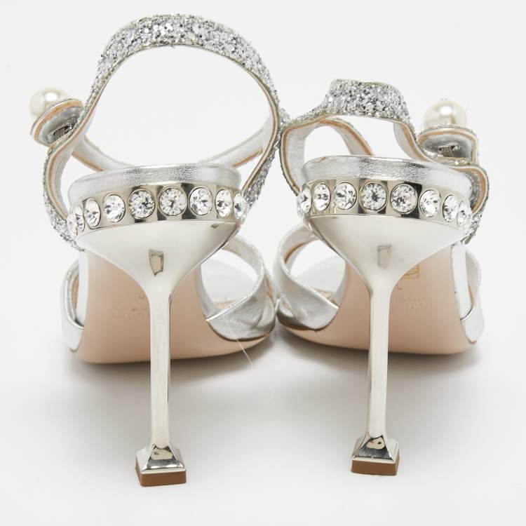 Pre Owned Miu Miu Metallic Silver Leather Crystal and Pearl Embellished Ankle Strap Platform Sandals Size Size 39