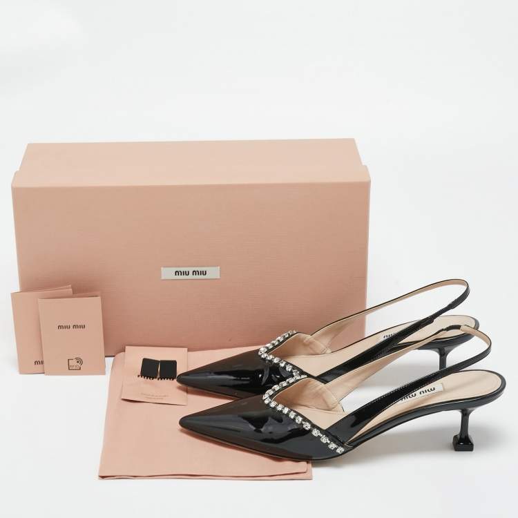 Pre Owned Miu Miu Black Patent Leather Crystal Embellished Pointed Toe Slingback Pumps Size 39