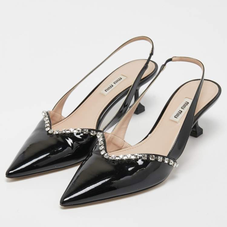 Pre Owned Miu Miu Black Patent Leather Crystal Embellished Pointed Toe Slingback Pumps Size 39