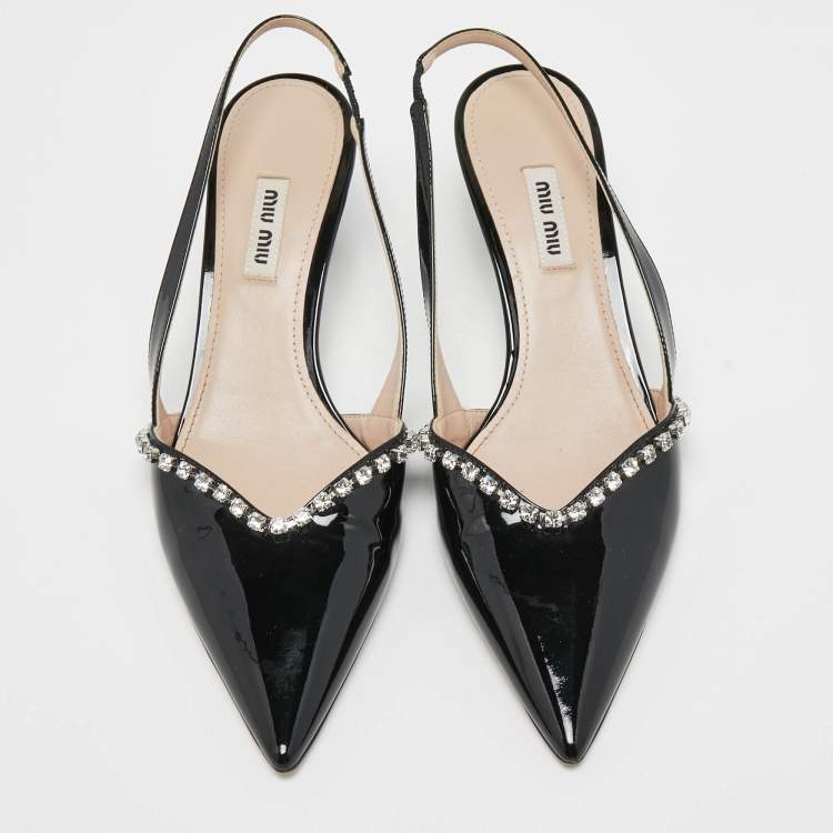 Pre Owned Miu Miu Black Patent Leather Crystal Embellished Pointed Toe Slingback Pumps Size 39