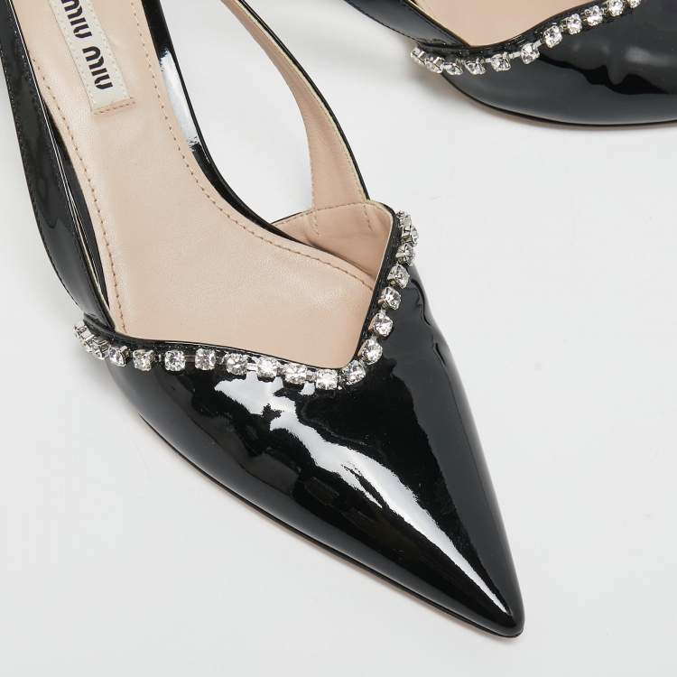 Pre Owned Miu Miu Black Patent Leather Crystal Embellished Pointed Toe Slingback Pumps Size 39
