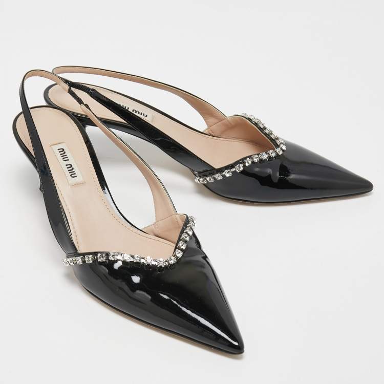 Pre Owned Miu Miu Black Patent Leather Crystal Embellished Pointed Toe Slingback Pumps Size 39