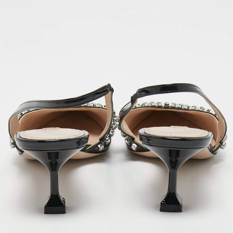 Pre Owned Miu Miu Black Patent Leather Crystal Embellished Pointed Toe Slingback Pumps Size 39