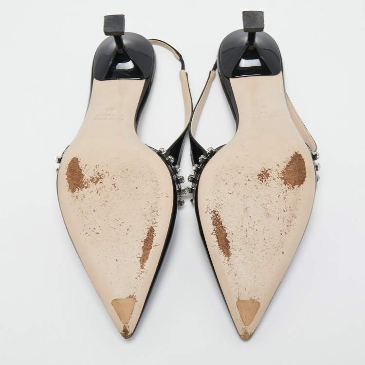 Pre Owned Miu Miu Black Patent Leather Crystal Embellished Pointed Toe Slingback Pumps Size 39