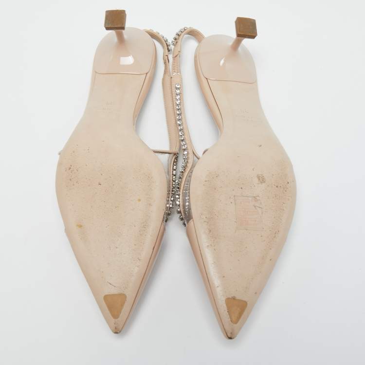 Pre Owned Miu Miu Beige Patent Leather and PVC Embellished Slingback Pumps Size 39