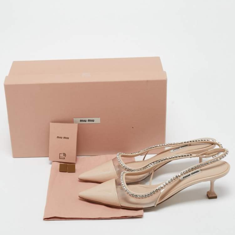Pre Owned Miu Miu Beige Patent Leather and PVC Embellished Slingback Pumps Size 39