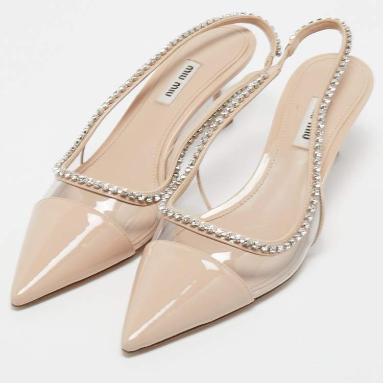 Pre Owned Miu Miu Beige Patent Leather and PVC Embellished Slingback Pumps Size 39