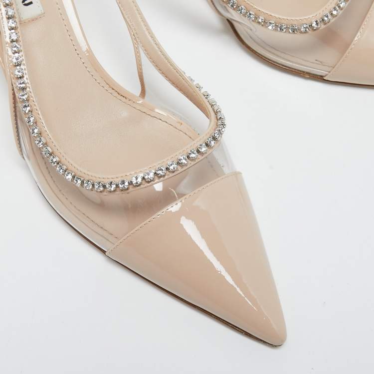 Pre Owned Miu Miu Beige Patent Leather and PVC Embellished Slingback Pumps Size 39