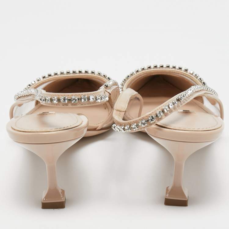 Pre Owned Miu Miu Beige Patent Leather and PVC Embellished Slingback Pumps Size 39