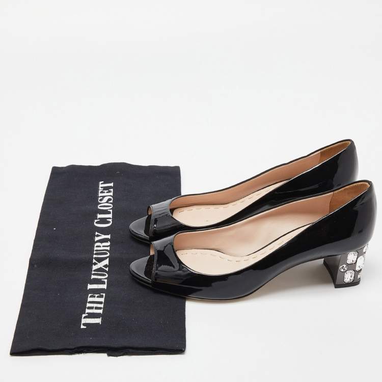 Pre Owned Miu Miu Black Patent Leather Peep Toe Embellished Block Heel Pumps Size 36.5
