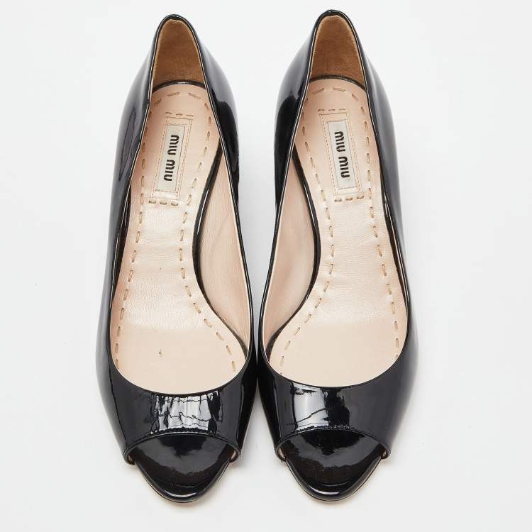 Pre Owned Miu Miu Black Patent Leather Peep Toe Embellished Block Heel Pumps Size 36.5