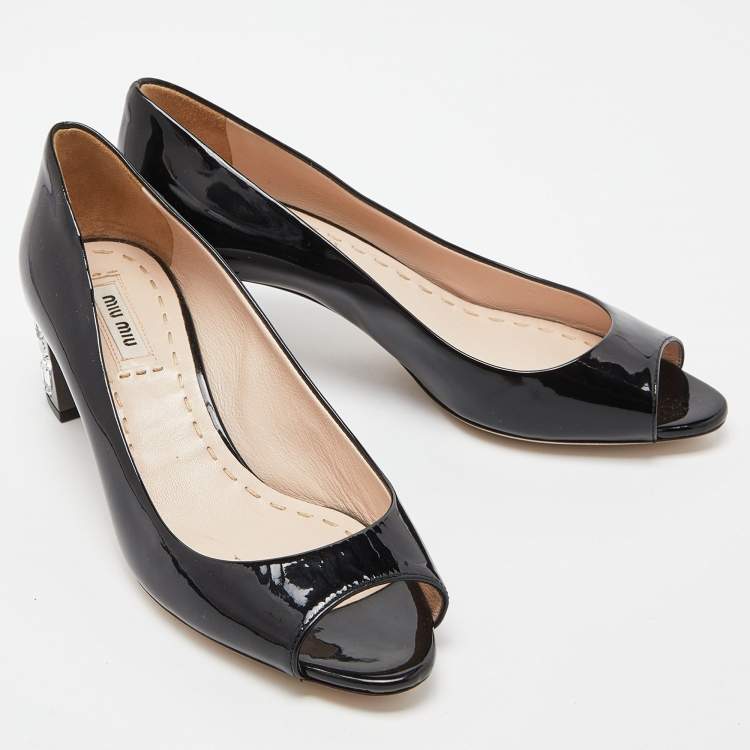 Pre Owned Miu Miu Black Patent Leather Peep Toe Embellished Block Heel Pumps Size 36.5