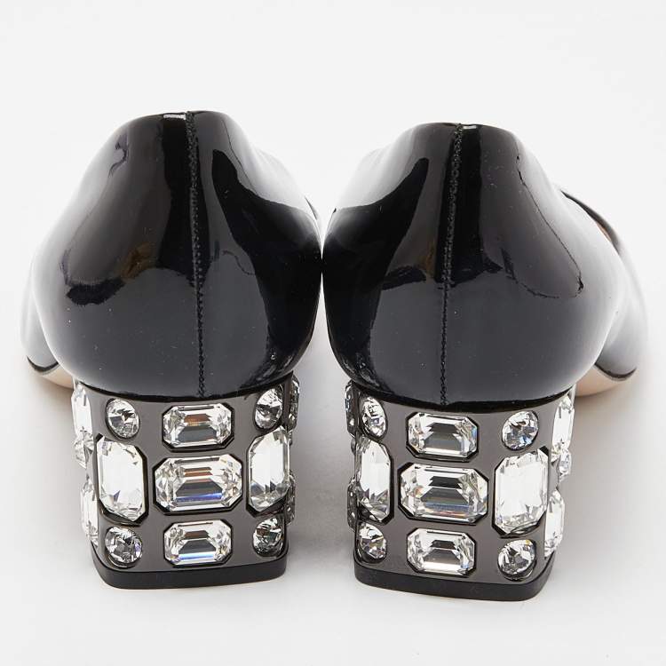 Pre Owned Miu Miu Black Patent Leather Peep Toe Embellished Block Heel Pumps Size 36.5